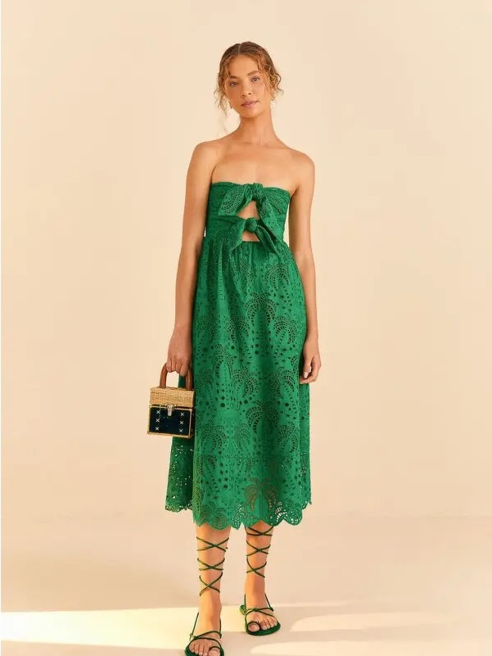 Farm Rio Green Coconut Tree Richilieu Cutwork Strapless Midi Dress, Medium